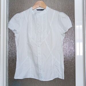 Ptp17" Cotton Aqua-blue Short Puff Sleeve Button Blouse with Pleated Details